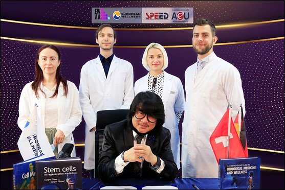 Prof. Dr. Mike Chan (sitzend) mit den Medizinern der European Wellness Group (von links), Dr. Vladimir Chernykh, Dr. Dina Tulina, Dr. Margaryta Iemelianova und Dr. Simon Yefimov.